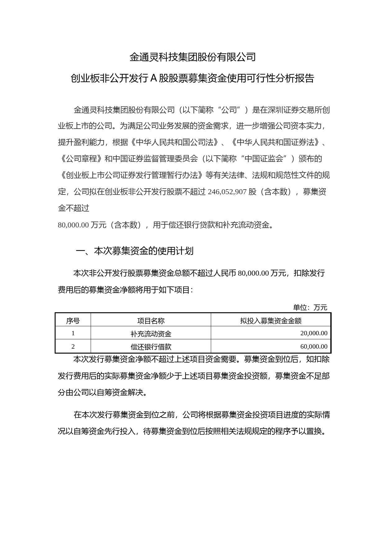 金通灵：创业板非公开发行A股股票募集资金使用可行性分析报告（2019）