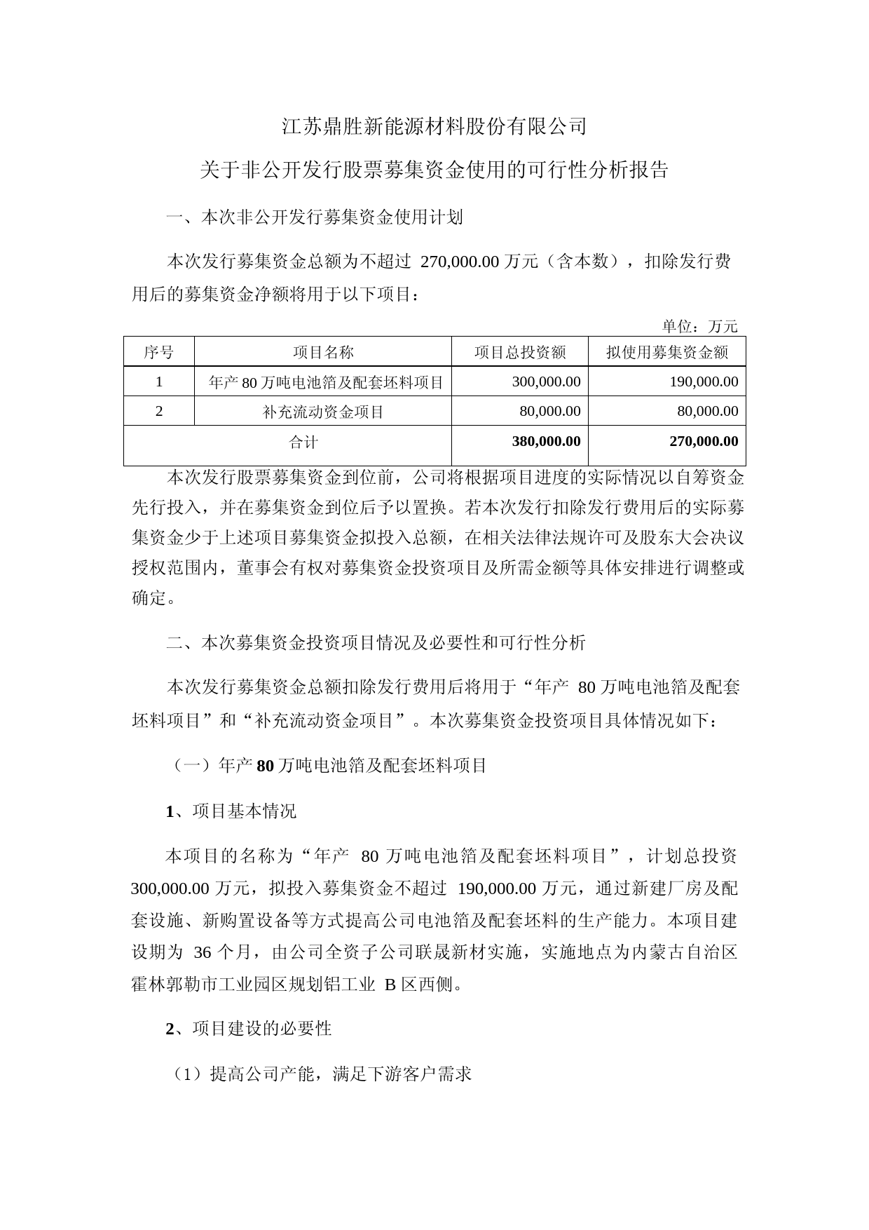 鼎胜新材：江苏鼎胜新能源材料股份有限公司关于非公开发行股票募集资金使用的可行性分析报告（2021-2022）_第1页