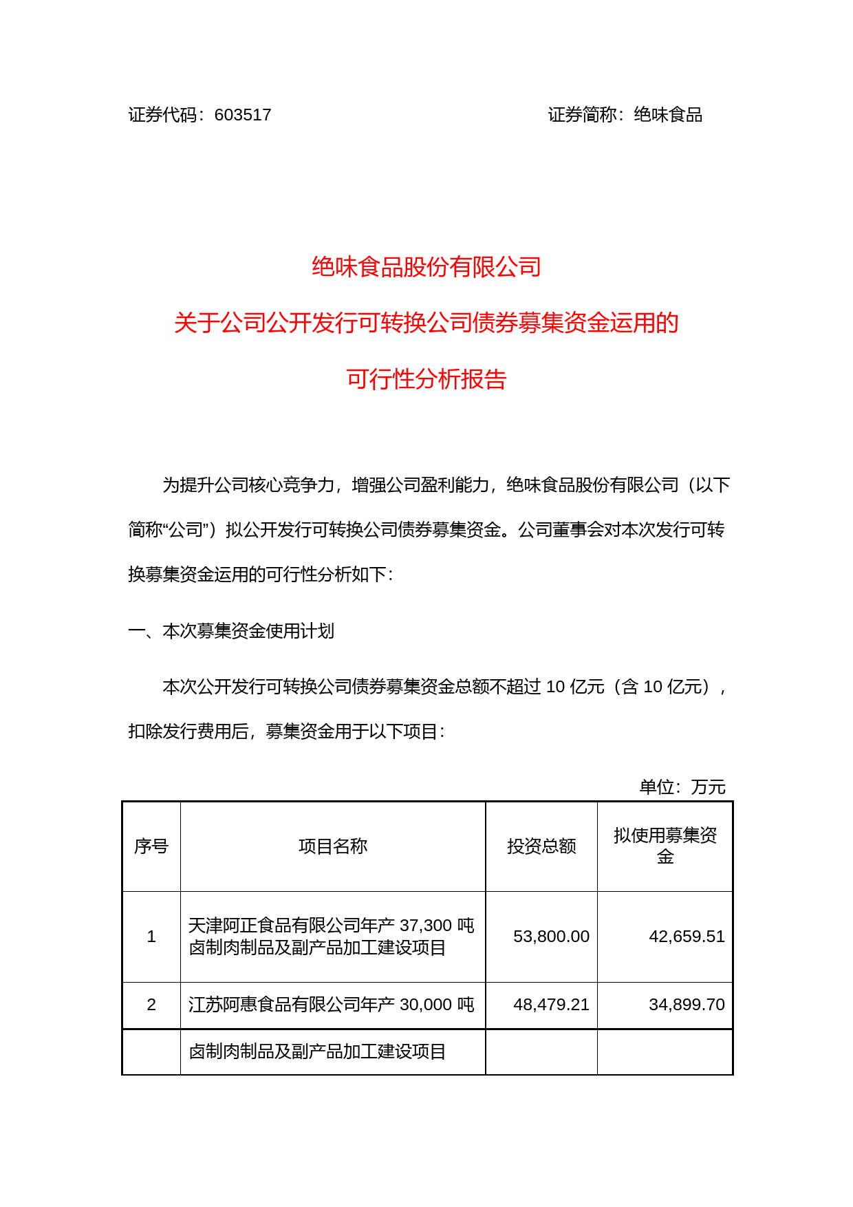 绝味食品：关于公司公开发行可转换公司债券募集资金运用的可行性分析报告（2018）_第1页