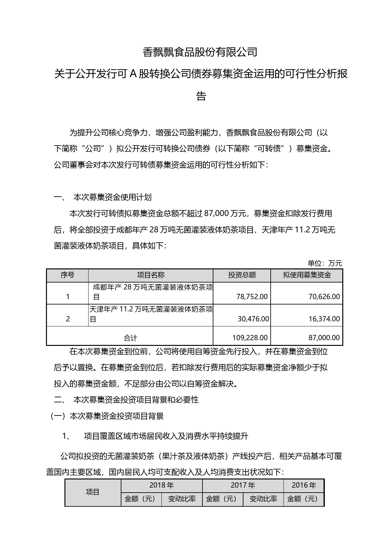 香飘飘：关于公开发行可A股转换公司债券募集资金运用的可行性分析报告（2019）_第1页