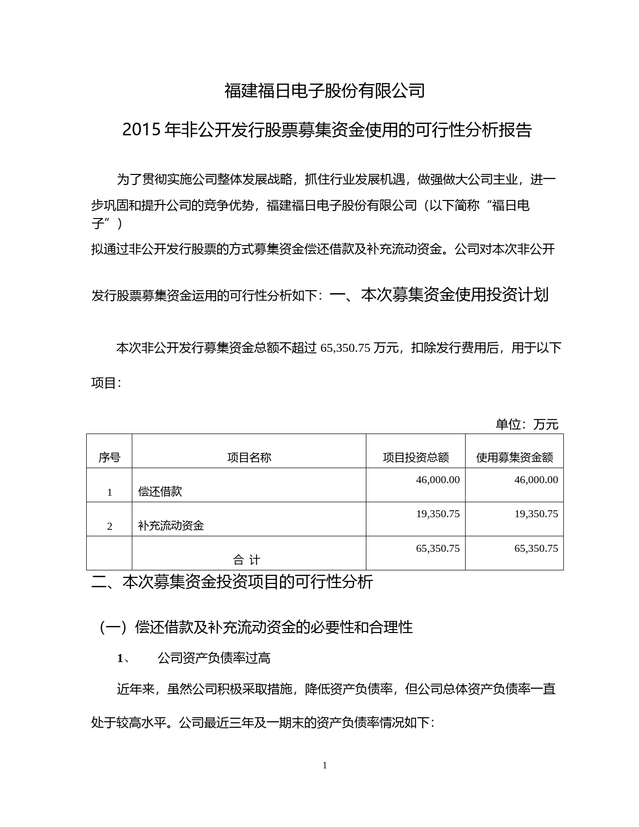 福日电子：2015年非公开发行股票募集资金使用的可行性分析报告
