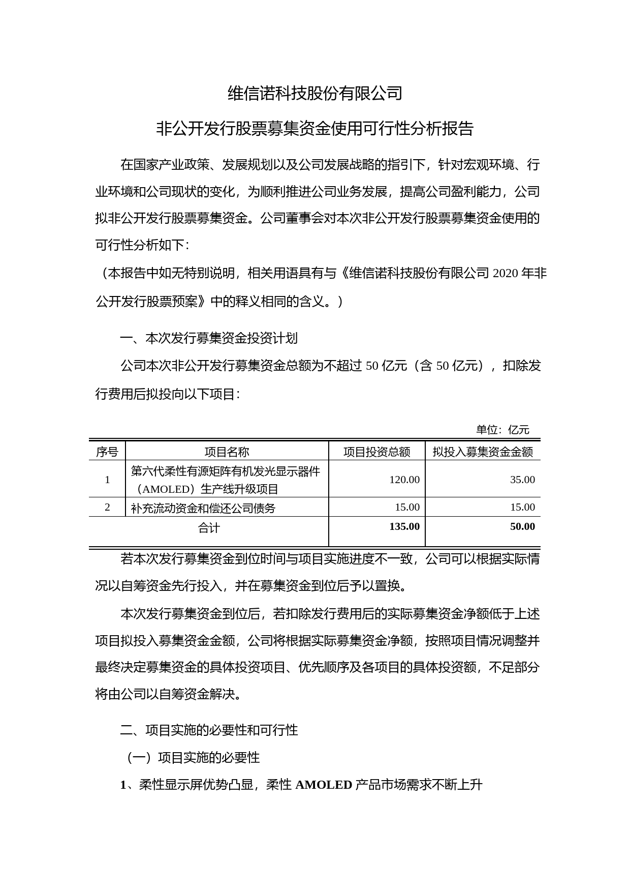 维信诺：非公开发行股票募集资金使用可行性分析报告（2020）