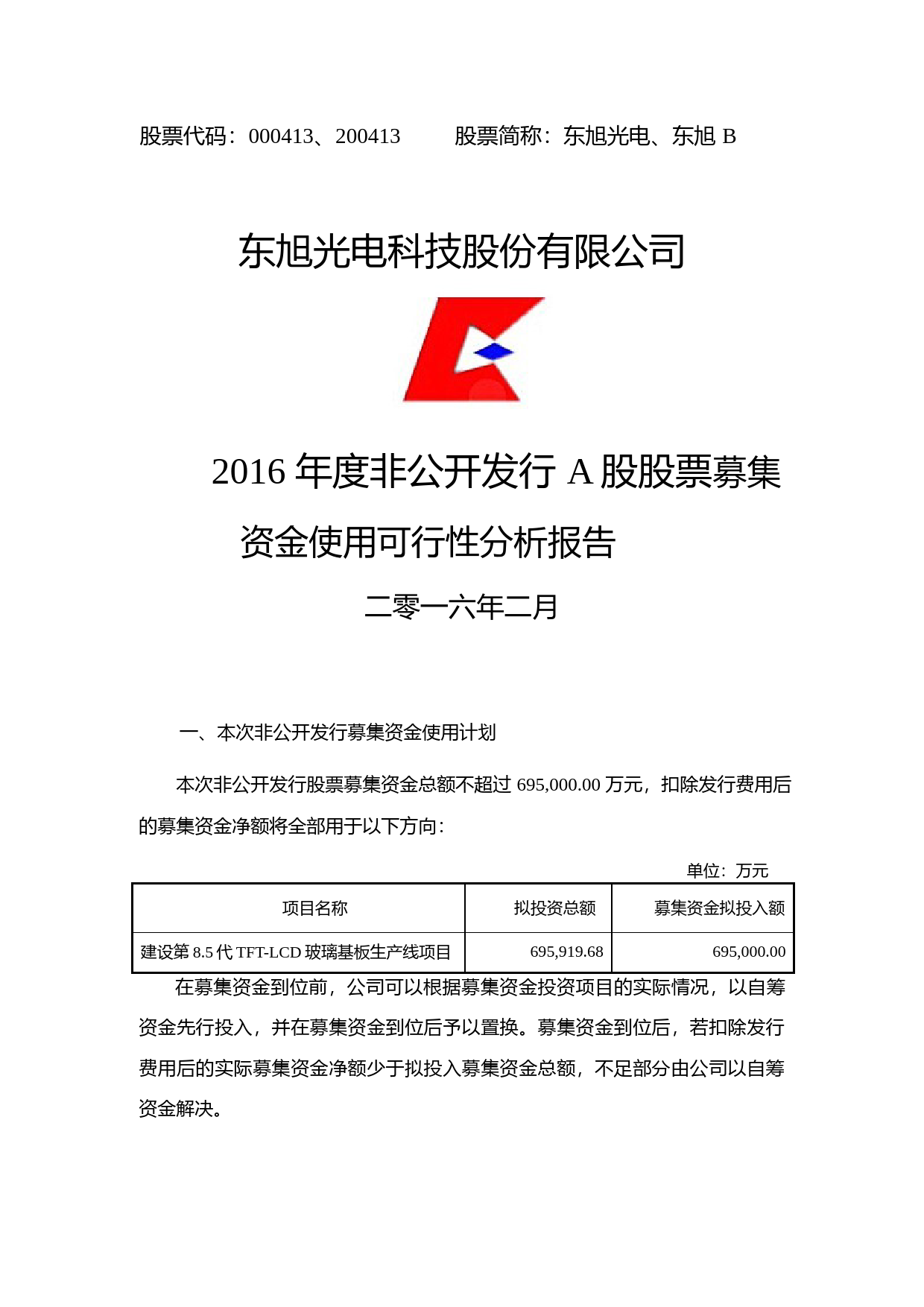 东旭光电：2016年度非公开发行A股股票募集资金使用可行性分析报告