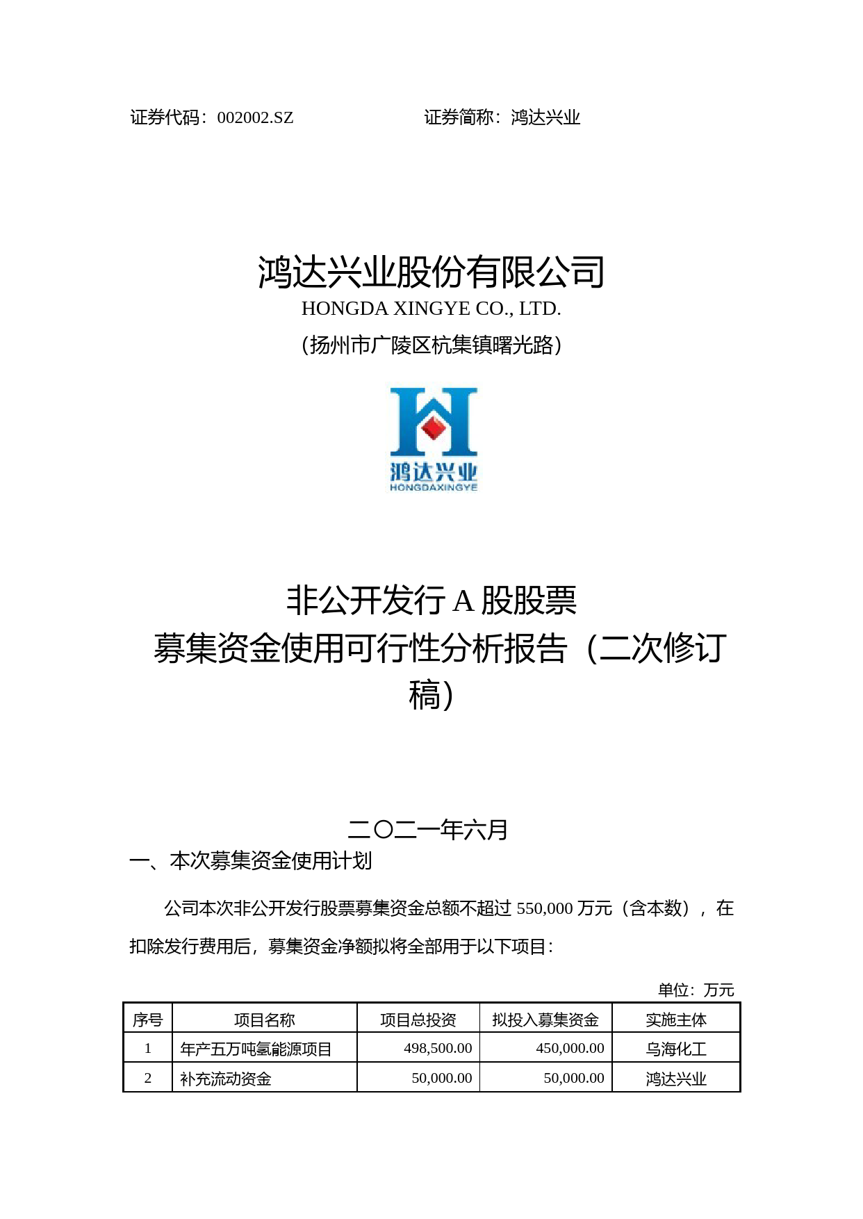鸿达兴业：鸿达兴业股份有限公司非公开发行A股股票募集资金使用可行性分析报告（2021-2022）_第1页