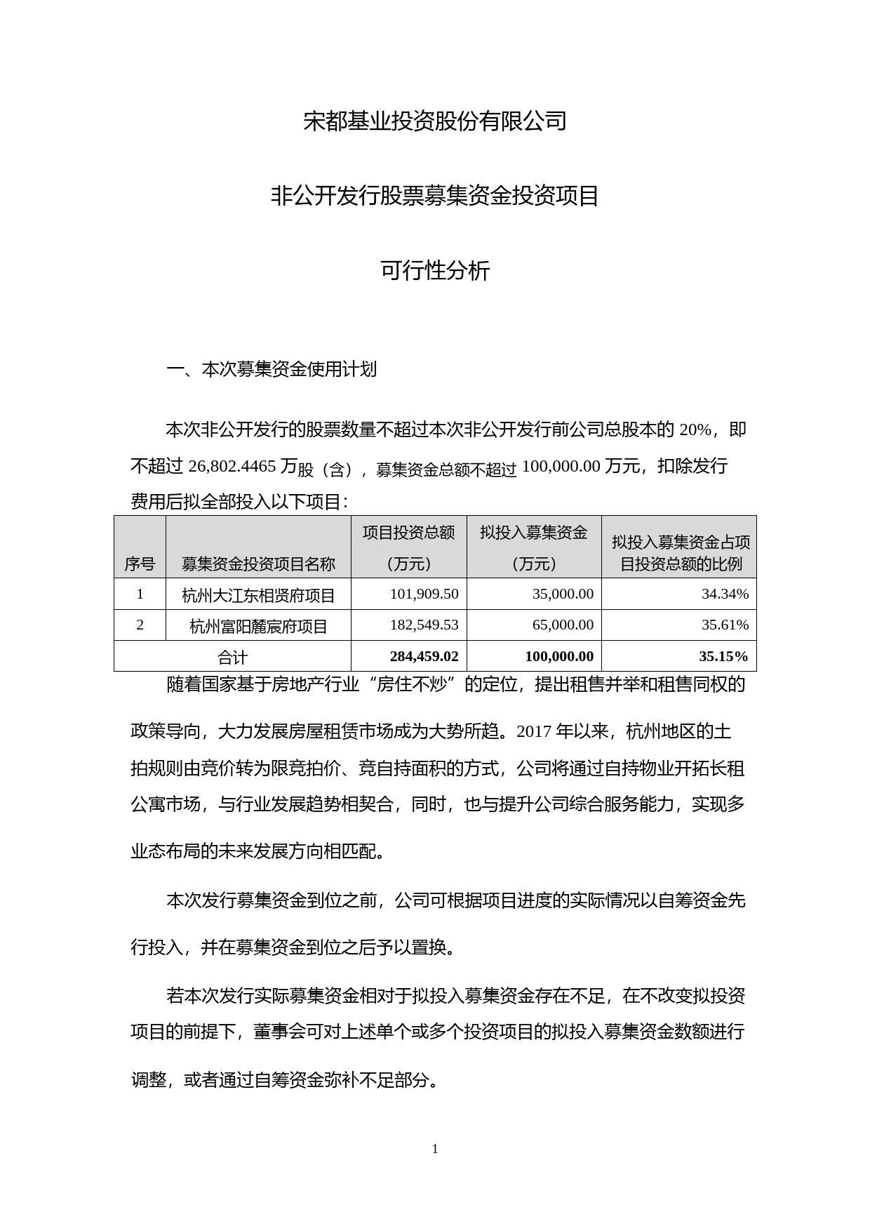 宋都股份：非公开发行股票募集资金投资项目可行性分析（2018）_第1页