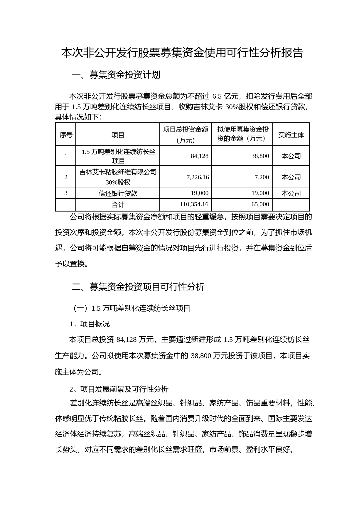 吉林化纤：本次非公开发行股票募集资金使用可行性分析报告（2020）_第1页