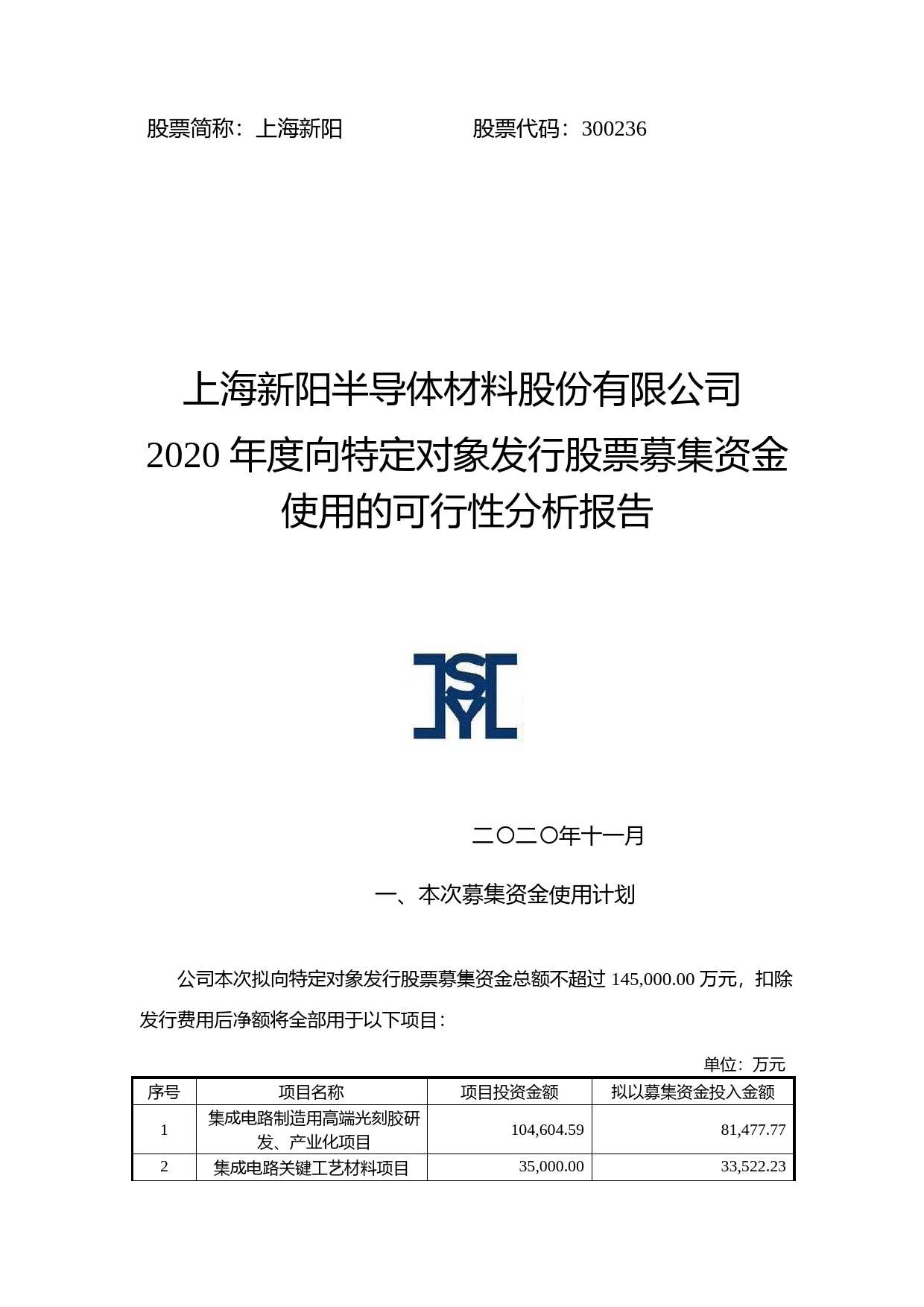 上海新阳：2020年度向特定对象发行股票募集资金使用的可行性分析报告_第1页
