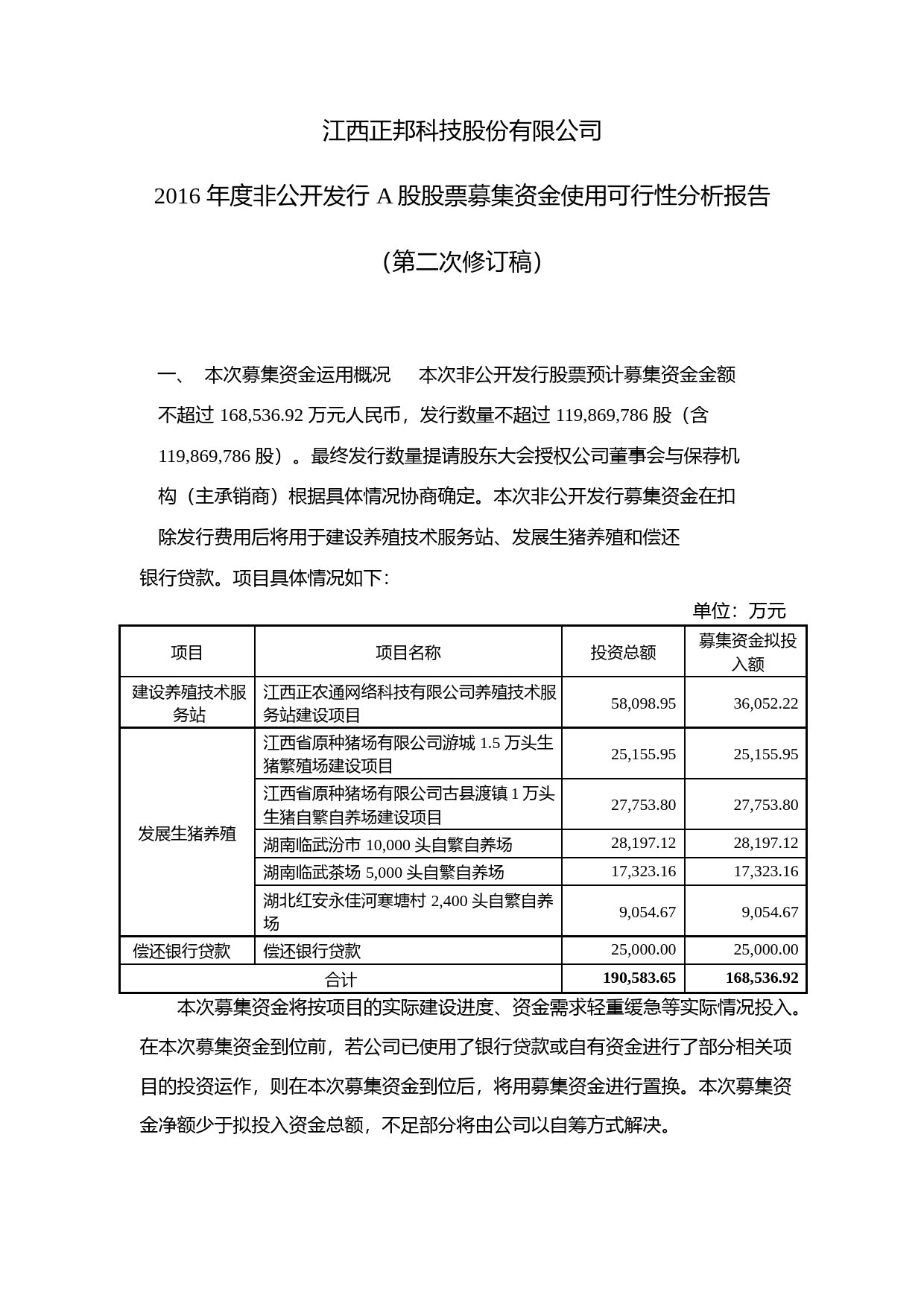 正邦科技：2016年度非公开发行A股股票募集资金使用可行性分析报告