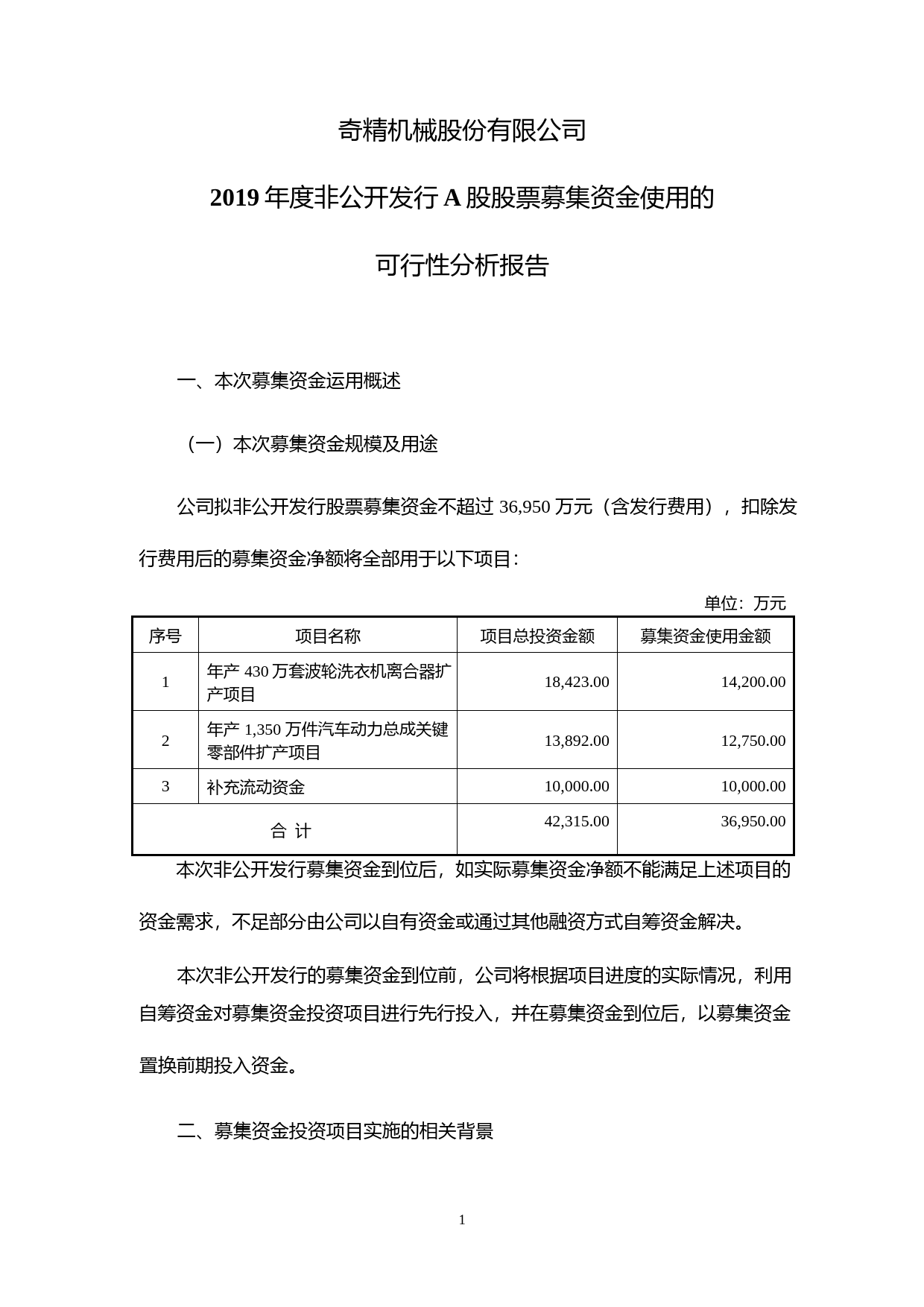 奇精机械：2019年度非公开发行A股股票募集资金使用的可行性分析报告_第1页