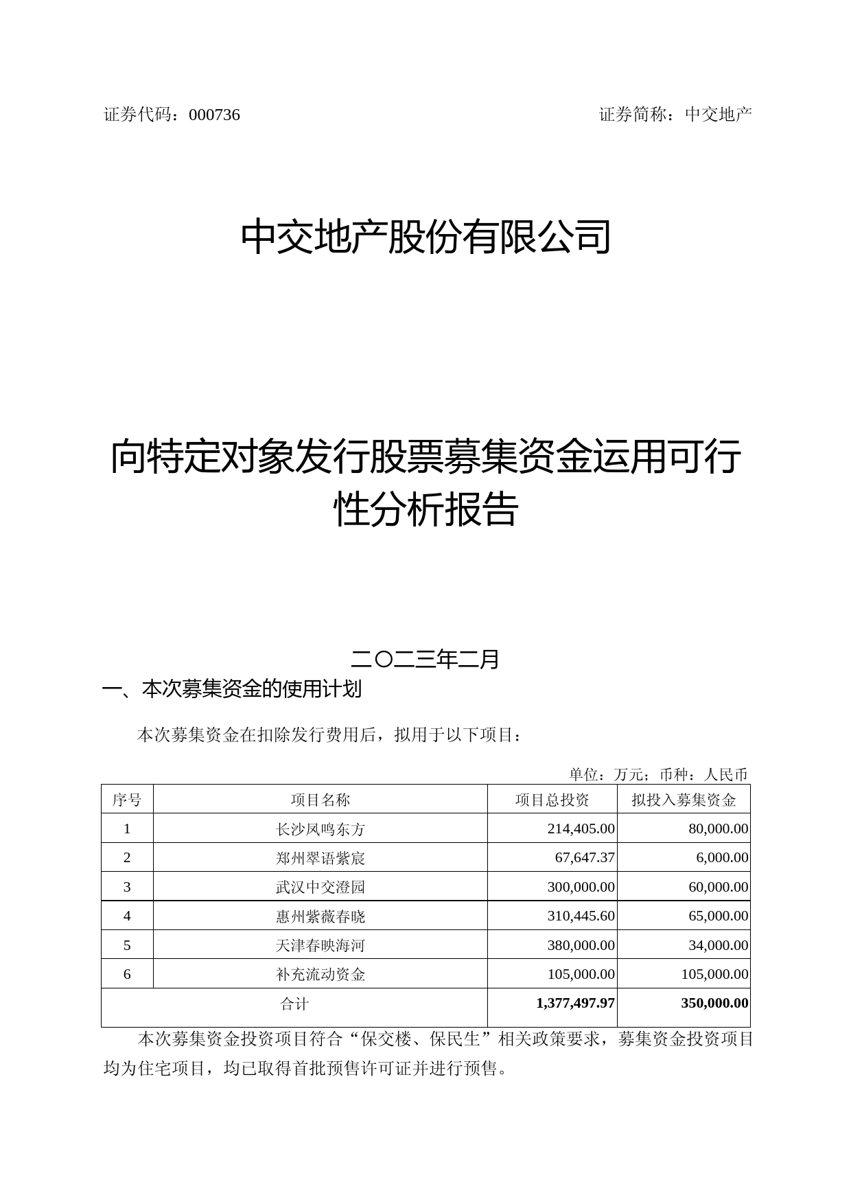 中交地产：向特定对象发行股票募集资金使用的可行性分析报告_第1页