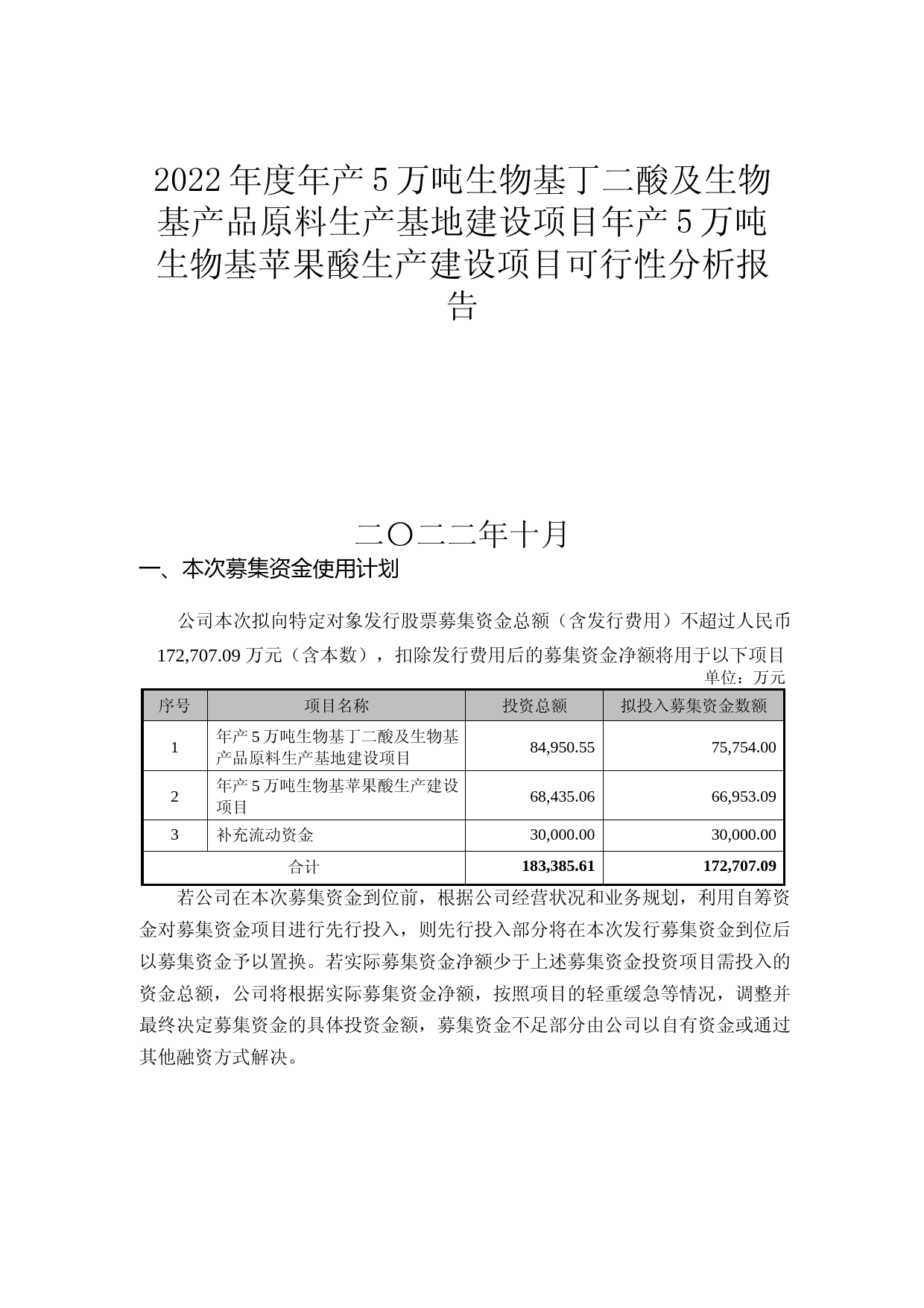 2022年度年产5万吨生物基丁二酸及生物基产品原料生产基地建设项目年产5万吨生物基苹果酸生产建设项目可行性分析报告_第1页