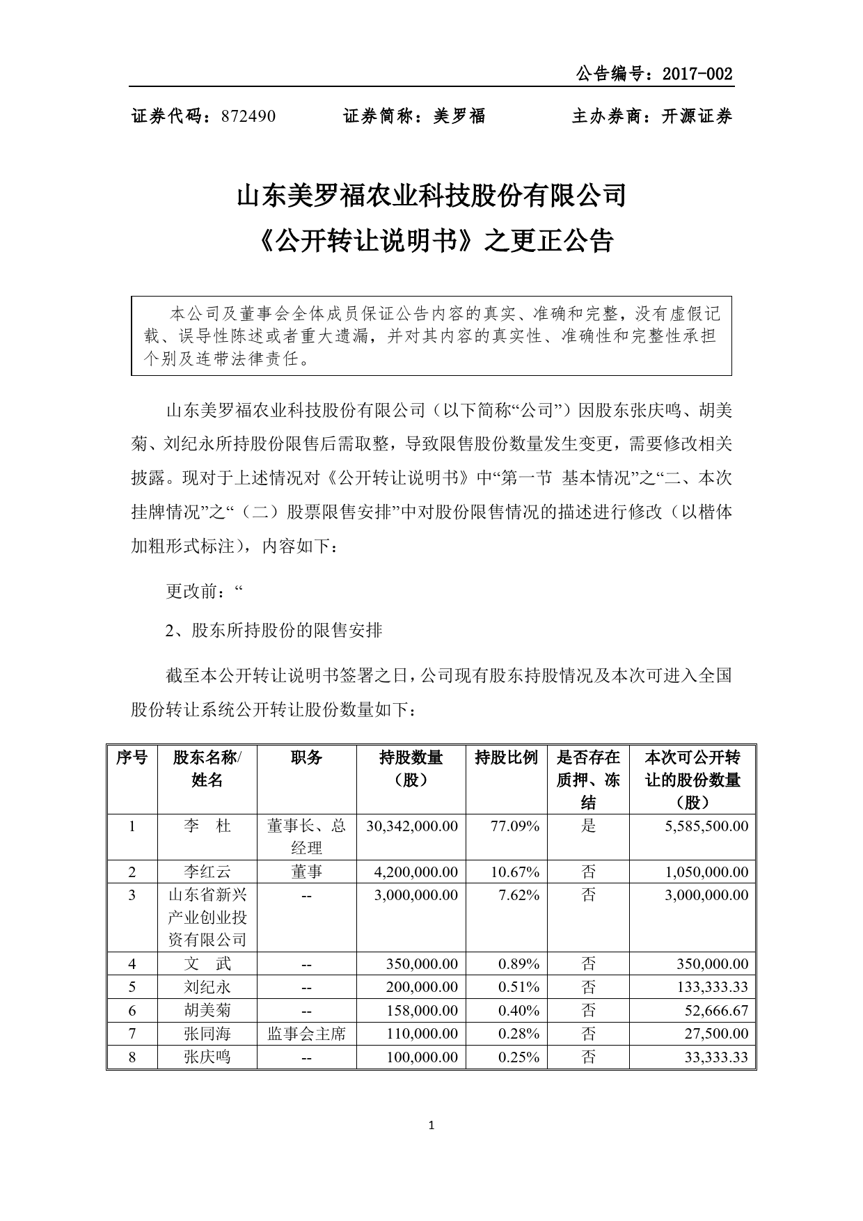 美罗福：公开转让说明书（更正公告）_新三板招股书