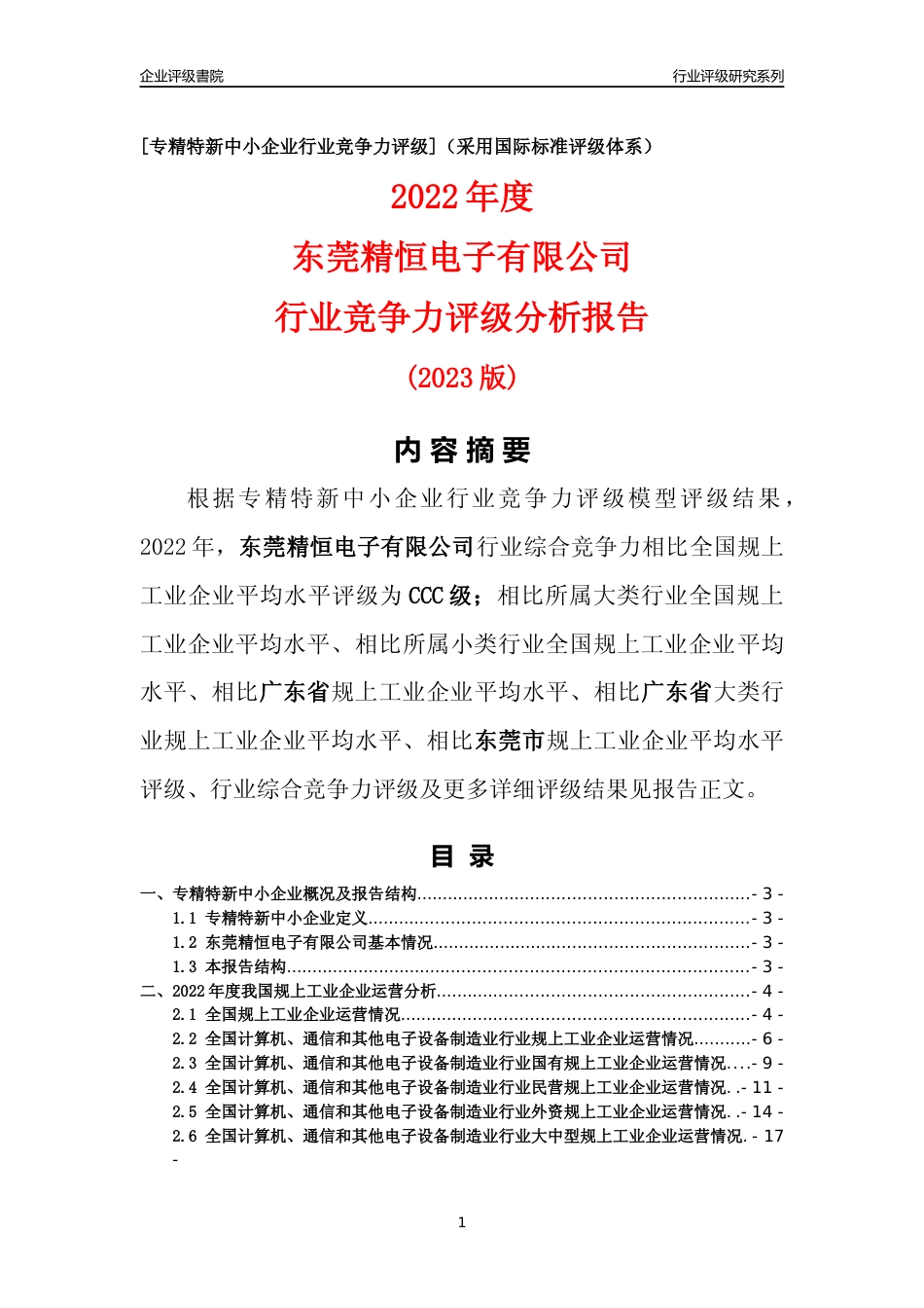 [专精特新]东莞精恒电子有限公司行业竞争力评级分析报告(2023版)_第1页
