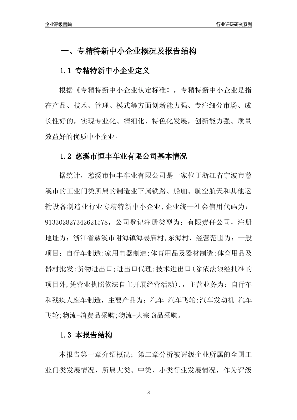 [专精特新]慈溪市恒丰车业有限公司行业竞争力评级分析报告(2023版)_第3页