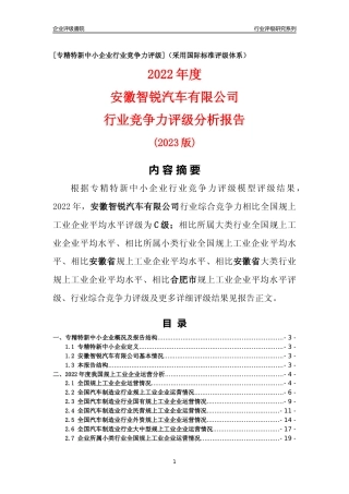 [专精特新]安徽智锐汽车有限公司行业竞争力评级分析报告(2023版)