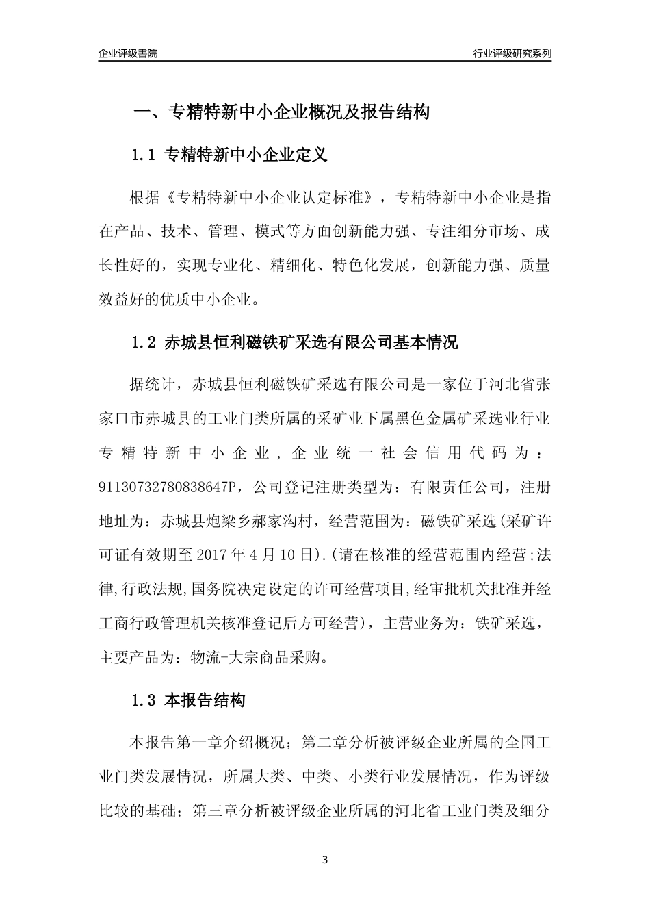 [专精特新]赤城县恒利磁铁矿采选有限公司行业竞争力评级分析报告(2023版)_第3页