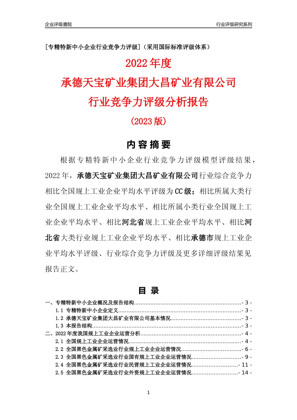 [专精特新]承德天宝矿业集团大昌矿业有限公司行业竞争力评级分析报告(2023版)_第1页