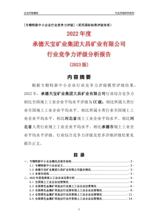 [专精特新]承德天宝矿业集团大昌矿业有限公司行业竞争力评级分析报告(2023版)