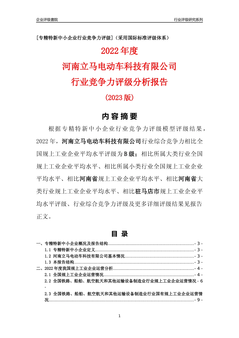 [专精特新]河南立马电动车科技有限公司行业竞争力评级分析报告(2023版)_第1页