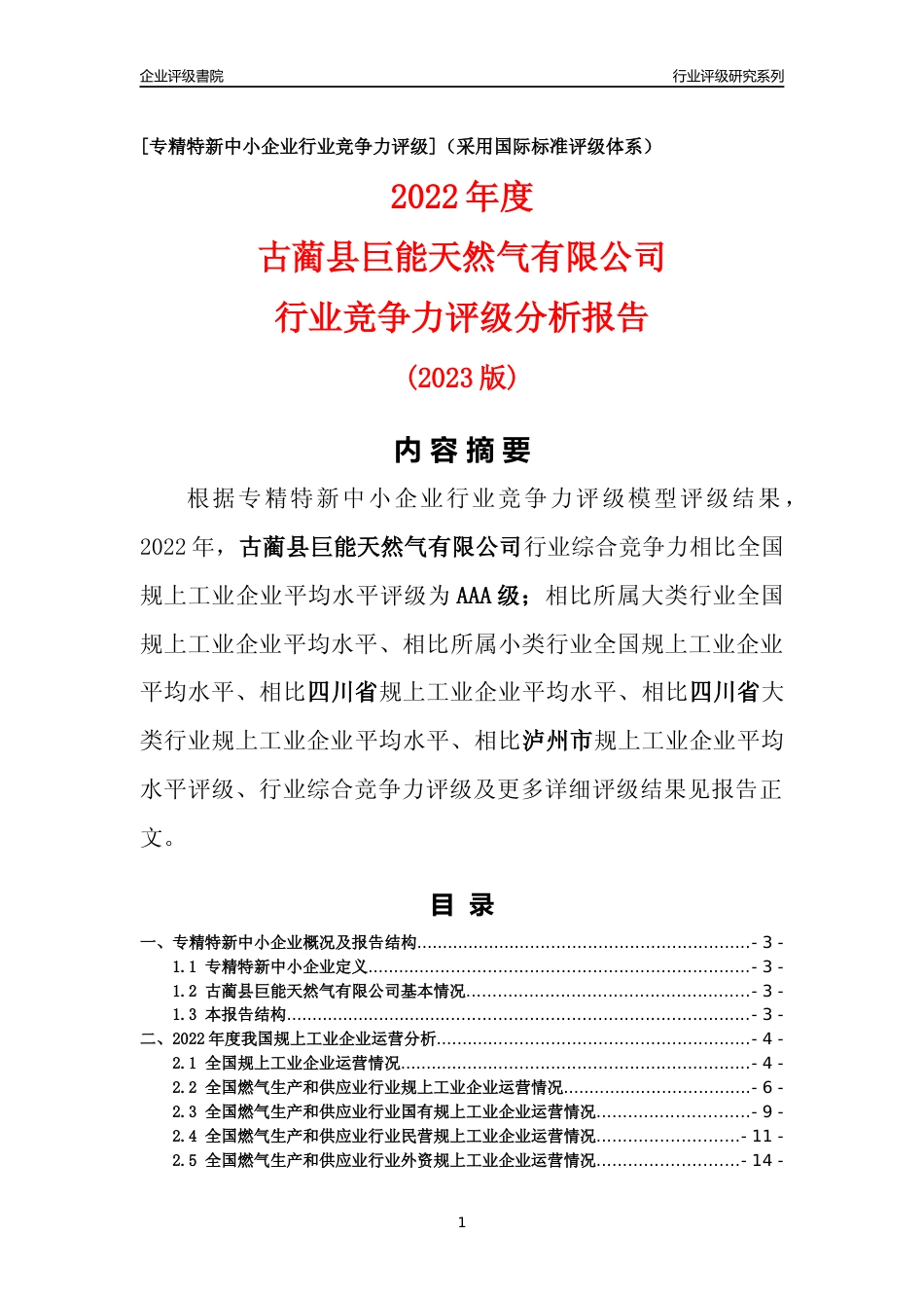 [专精特新]古蔺县巨能天然气有限公司行业竞争力评级分析报告(2023版)_第1页