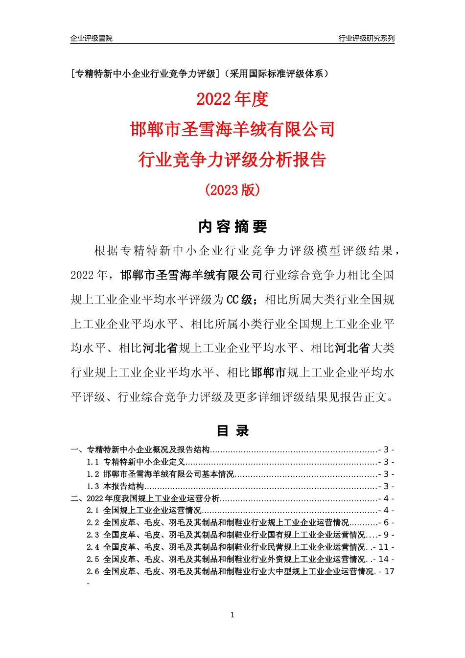 [专精特新]邯郸市圣雪海羊绒有限公司行业竞争力评级分析报告(2023版)_第1页
