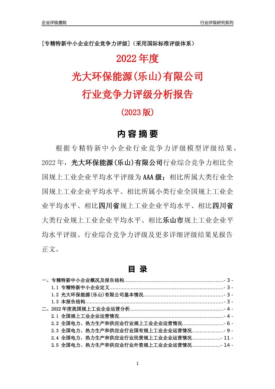 [专精特新]光大环保能源(乐山)有限公司行业竞争力评级分析报告(2023版)_第1页