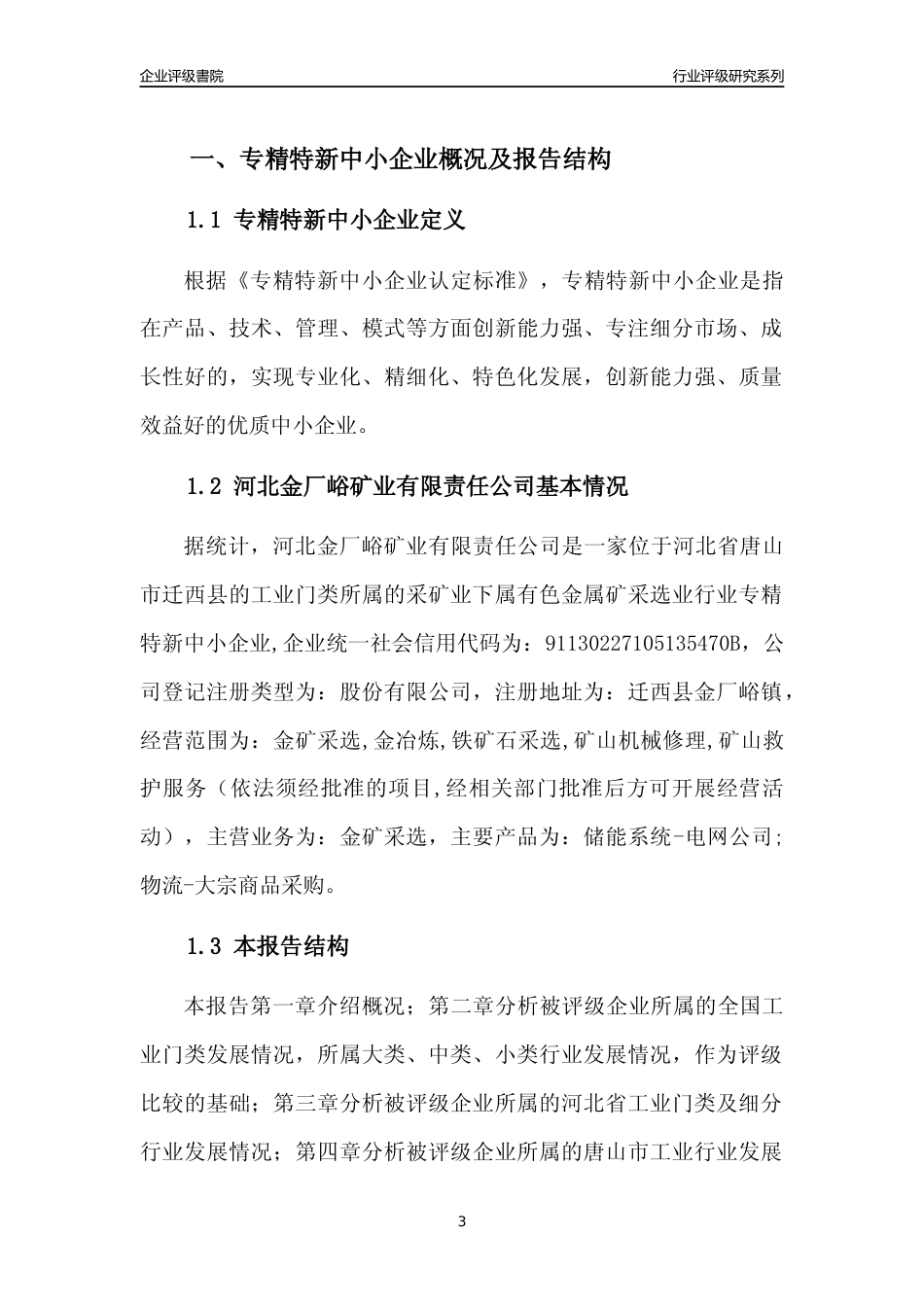 [专精特新]河北金厂峪矿业有限责任公司行业竞争力评级分析报告(2023版)_第3页