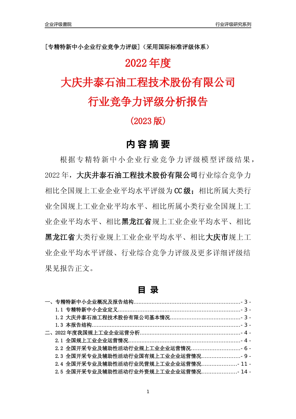 [专精特新]大庆井泰石油工程技术股份有限公司行业竞争力评级分析报告(2023版)_第1页