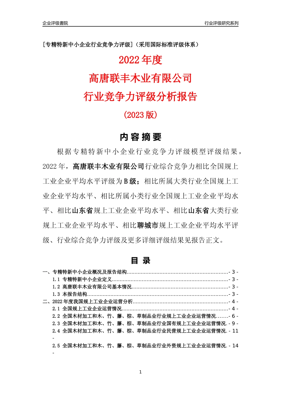 [专精特新]高唐联丰木业有限公司行业竞争力评级分析报告(2023版)_第1页