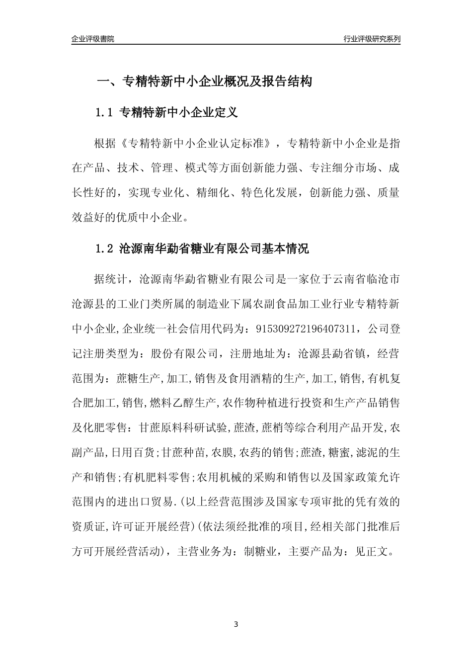 [专精特新]沧源南华勐省糖业有限公司行业竞争力评级分析报告(2023版)_第3页
