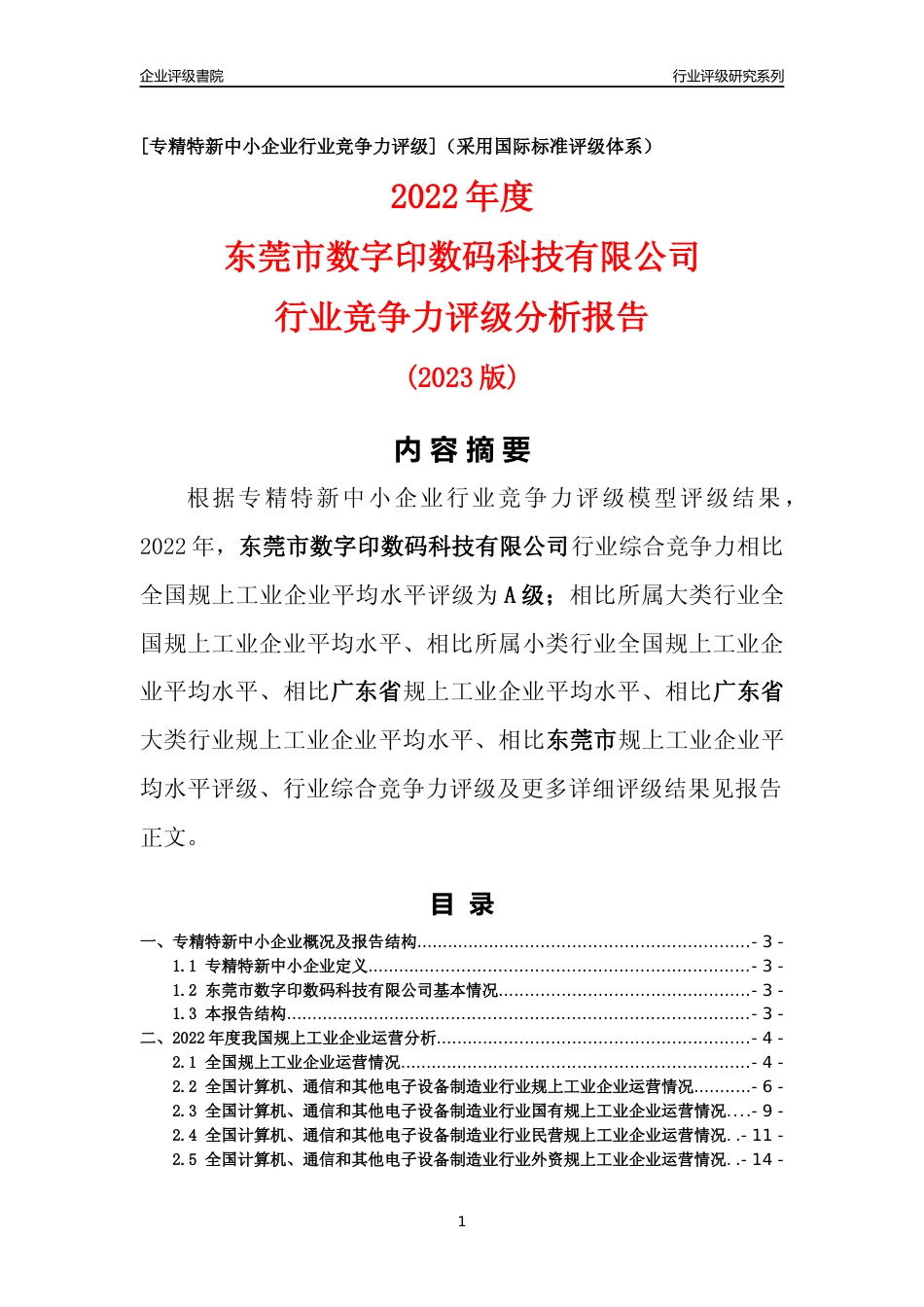 [专精特新]东莞市数字印数码科技有限公司行业竞争力评级分析报告(2023版)_第1页