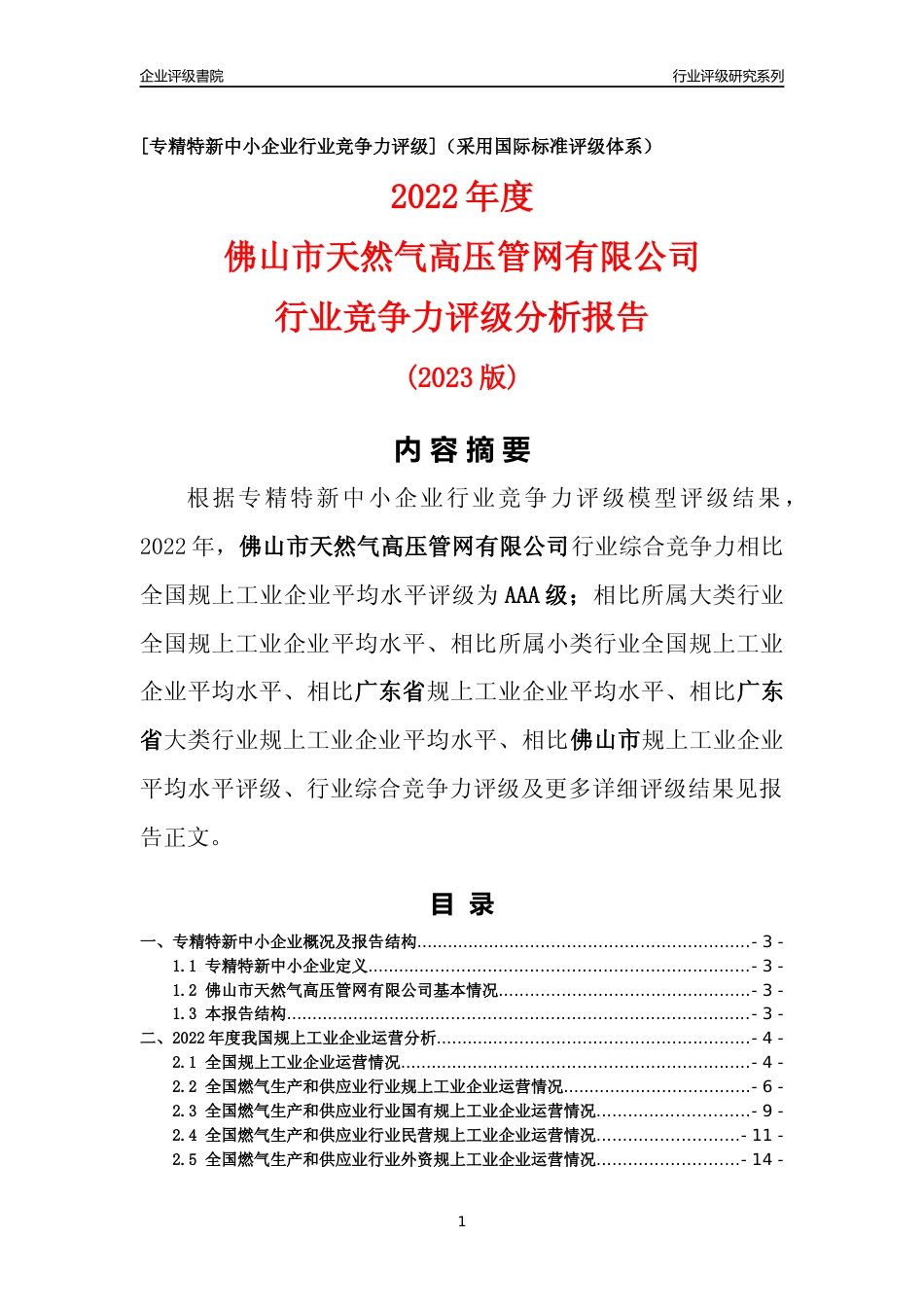 [专精特新]佛山市天然气高压管网有限公司行业竞争力评级分析报告(2023版)_第1页