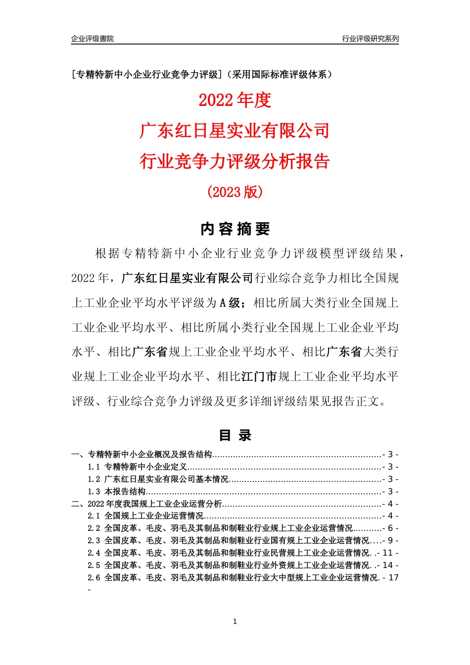 [专精特新]广东红日星实业有限公司行业竞争力评级分析报告(2023版)_第1页
