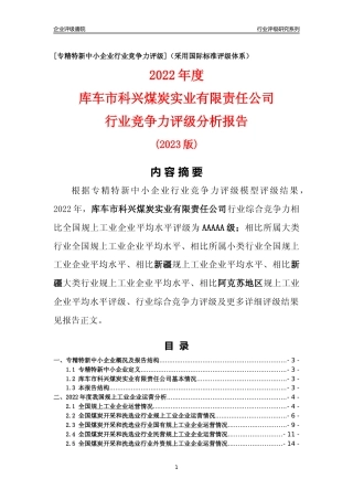 [专精特新]库车市科兴煤炭实业有限责任公司行业竞争力评级分析报告(2023版)
