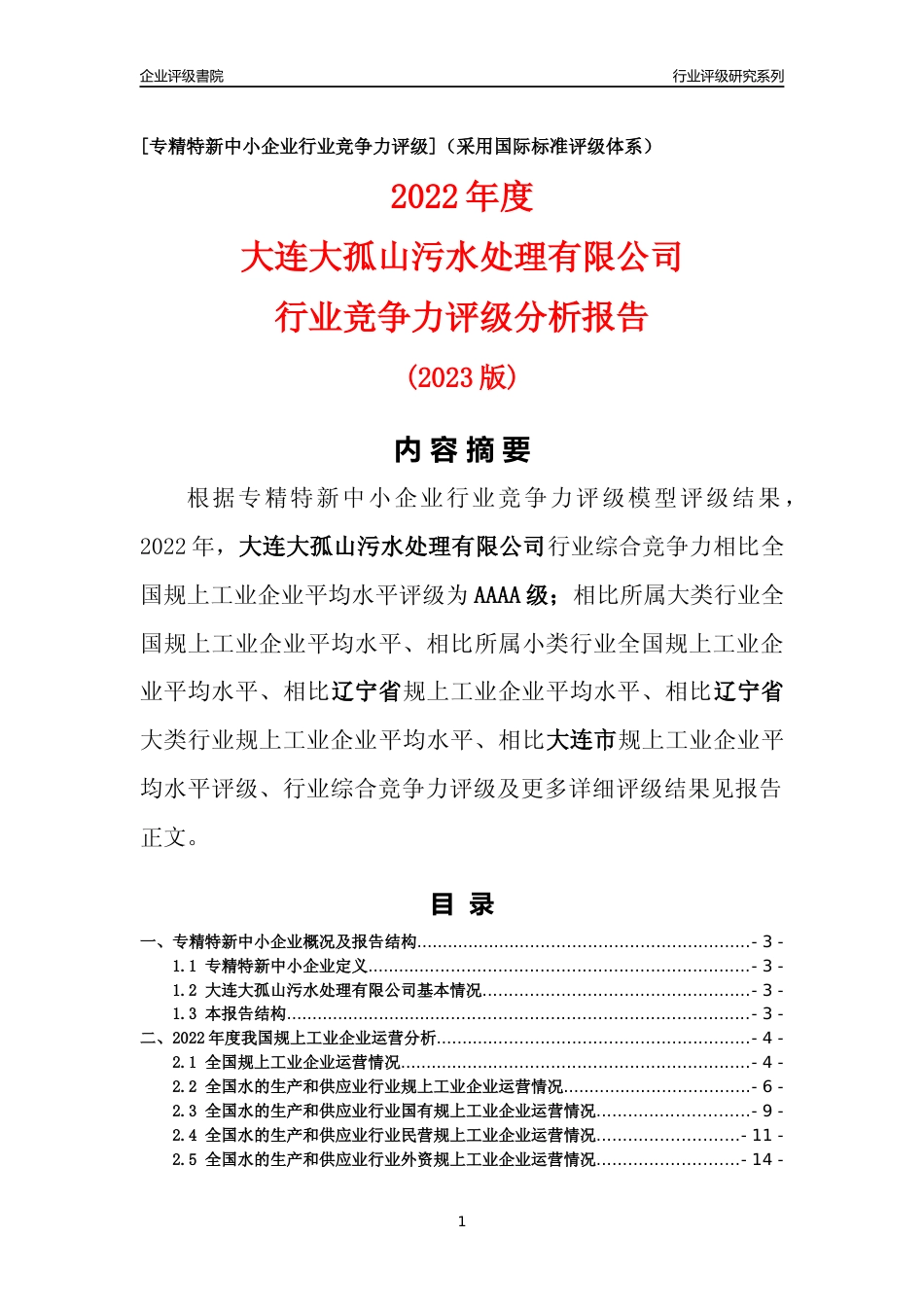 [专精特新]大连大孤山污水处理有限公司行业竞争力评级分析报告(2023版)_第1页