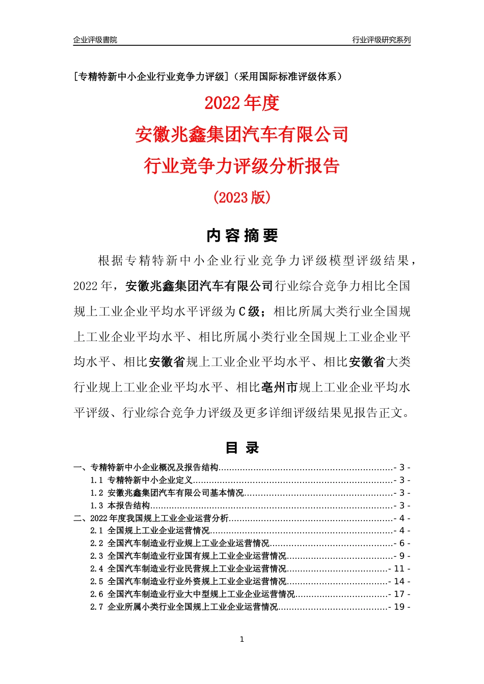 [专精特新]安徽兆鑫集团汽车有限公司行业竞争力评级分析报告(2023版)_第1页