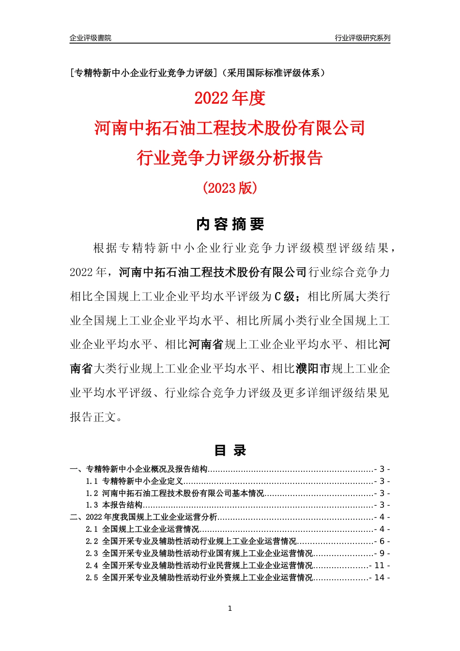 [专精特新]河南中拓石油工程技术股份有限公司行业竞争力评级分析报告(2023版)_第1页