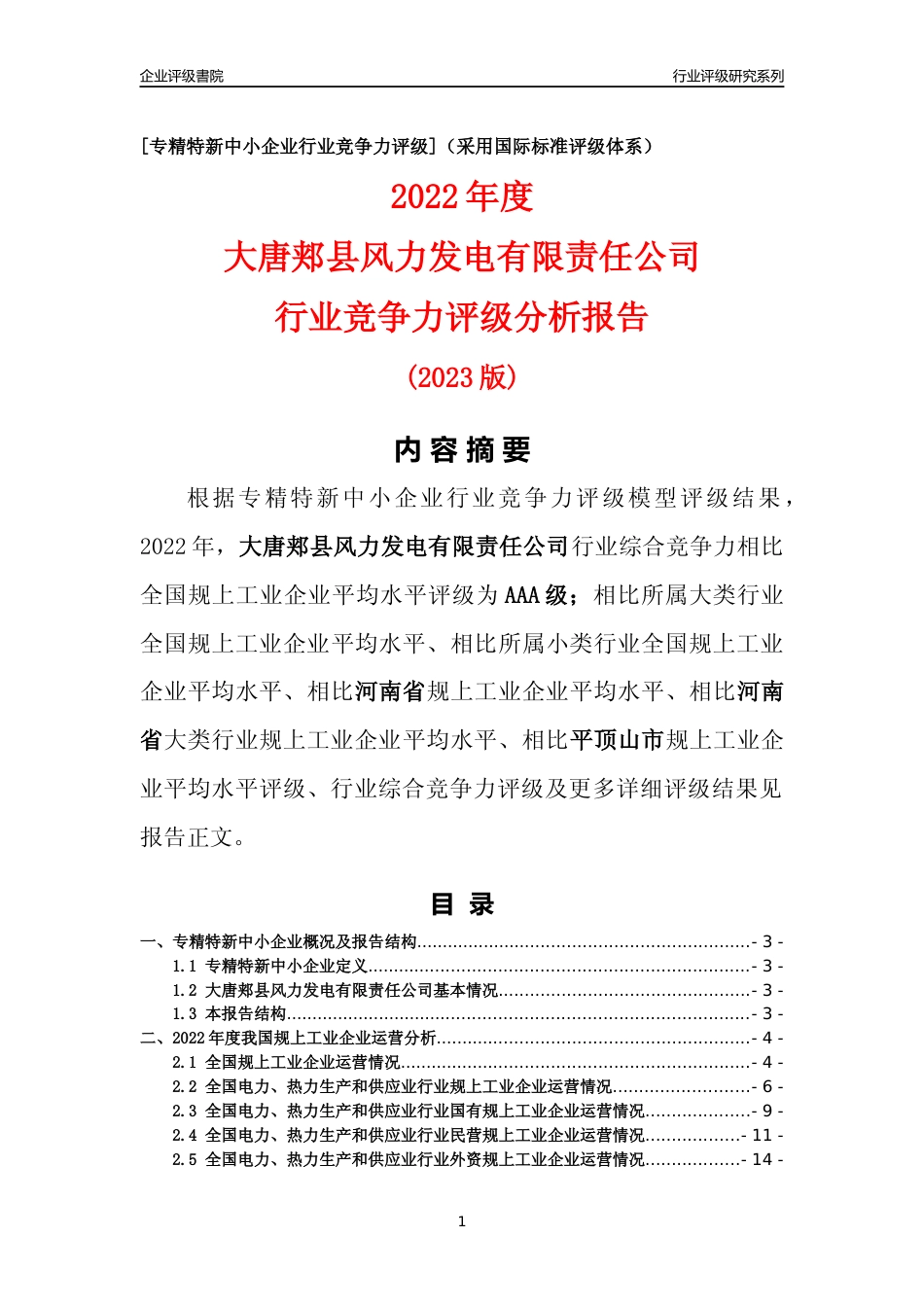 [专精特新]大唐郏县风力发电有限责任公司行业竞争力评级分析报告(2023版)_第1页