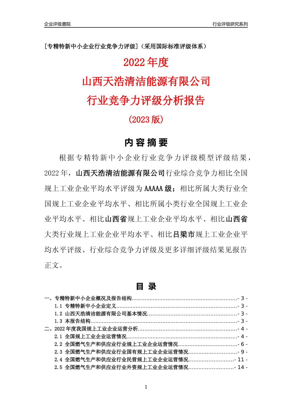 [专精特新]山西天浩清洁能源有限公司行业竞争力评级分析报告(2023版)_第1页