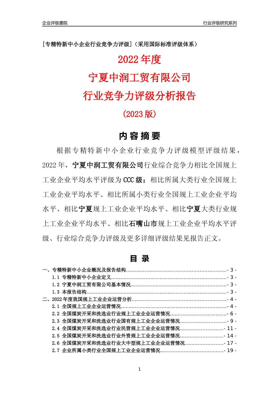[专精特新]宁夏中润工贸有限公司行业竞争力评级分析报告(2023版)_第1页