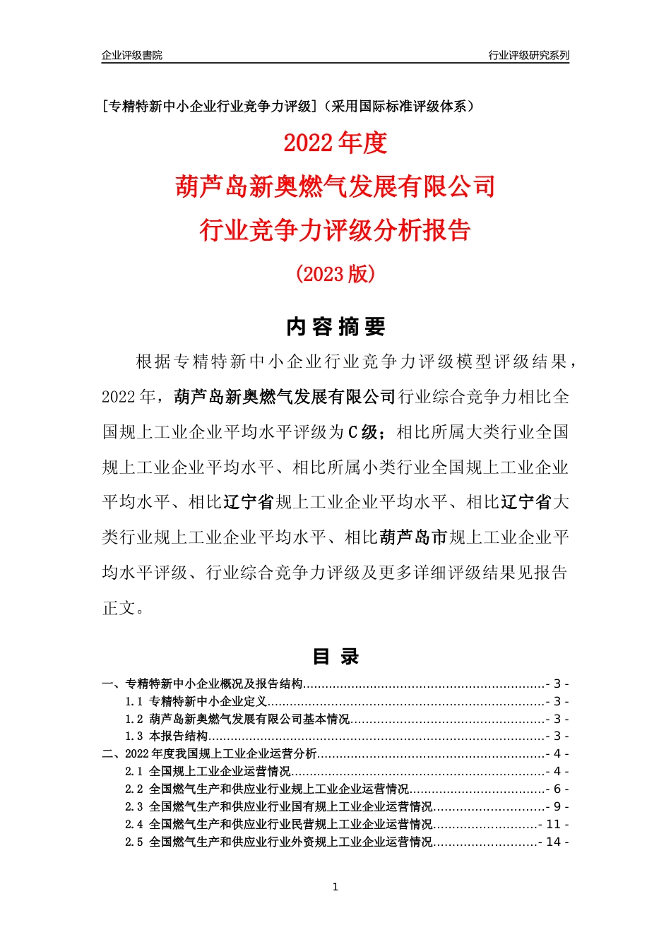 [专精特新]葫芦岛新奥燃气发展有限公司行业竞争力评级分析报告(2023版)_第1页