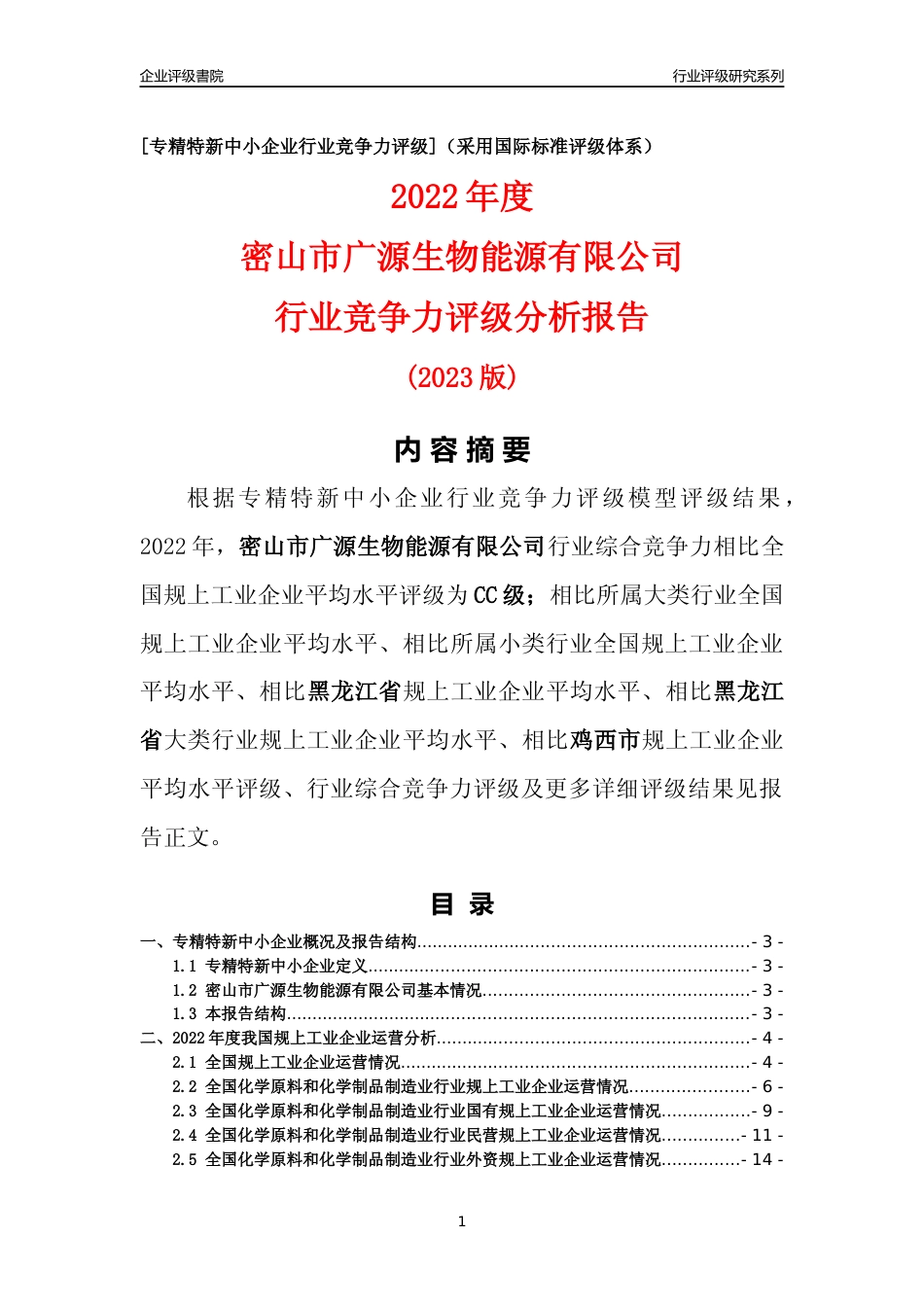 [专精特新]密山市广源生物能源有限公司行业竞争力评级分析报告(2023版)_第1页