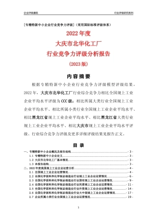 [专精特新]大庆市北华化工厂行业竞争力评级分析报告(2023版)
