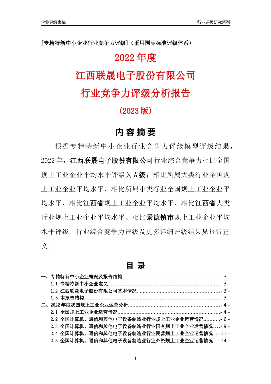 [专精特新]江西联晟电子股份有限公司行业竞争力评级分析报告(2023版)_第1页