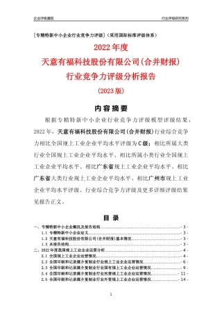 [专精特新]天意有福科技股份有限公司(合并财报)行业竞争力评级分析报告(2023版)