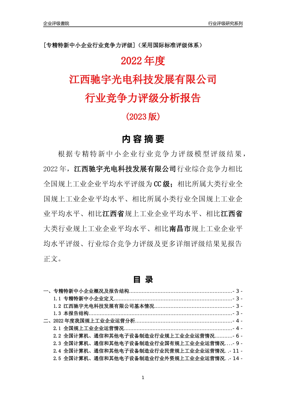 [专精特新]江西驰宇光电科技发展有限公司行业竞争力评级分析报告(2023版)_第1页