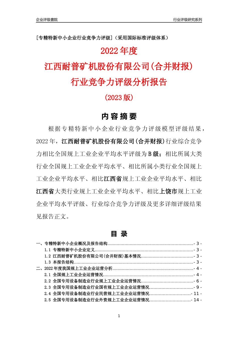 [专精特新]江西耐普矿机股份有限公司(合并财报)行业竞争力评级分析报告(2023版)_第1页