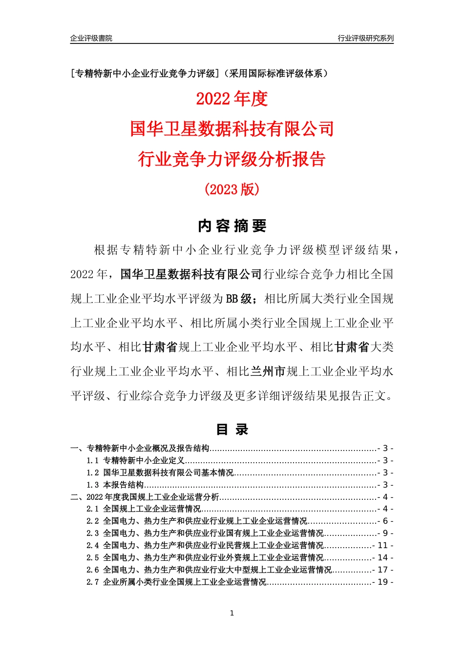 [专精特新]国华卫星数据科技有限公司行业竞争力评级分析报告(2023版)_第1页