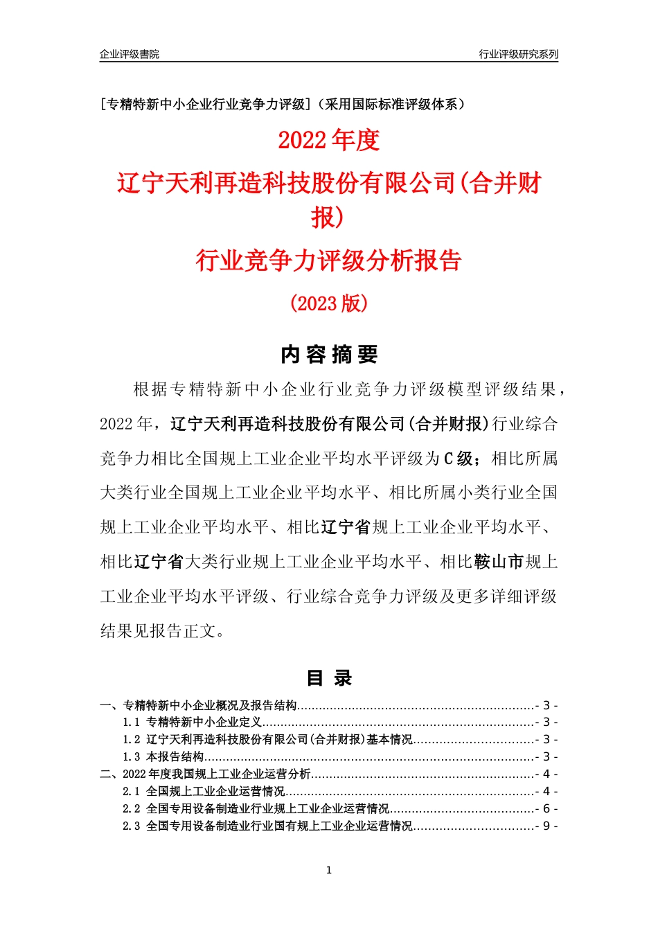 [专精特新]辽宁天利再造科技股份有限公司(合并财报)行业竞争力评级分析报告(2023版)_第1页