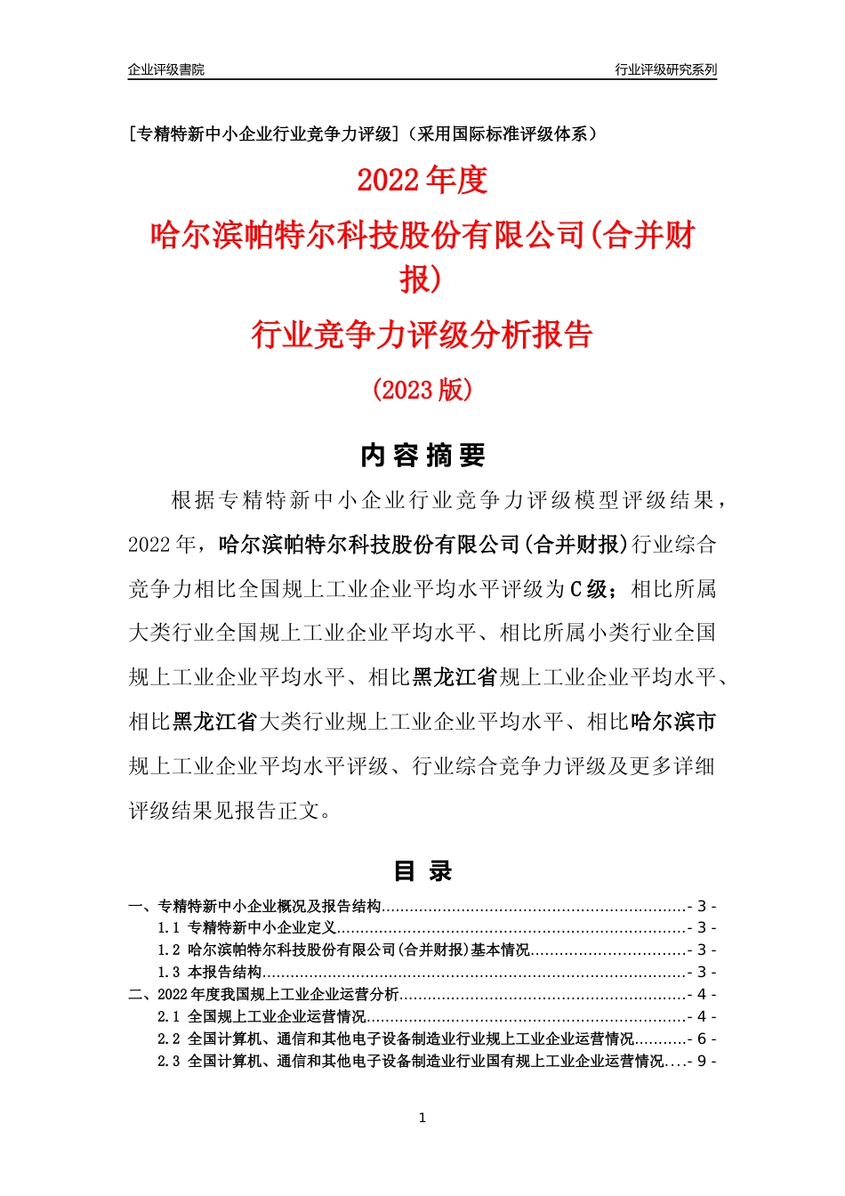 [专精特新]哈尔滨帕特尔科技股份有限公司(合并财报)行业竞争力评级分析报告(2023版)_第1页
